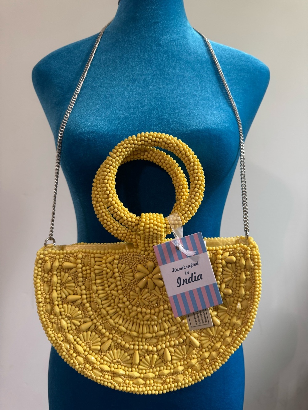 Handcrafted Yellow Beaded Half-Moon Shoulder Bag made in India